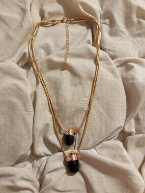 Free People Gold Tone Black Enamel Acorn Double Strand Necklace Indie Sleaze